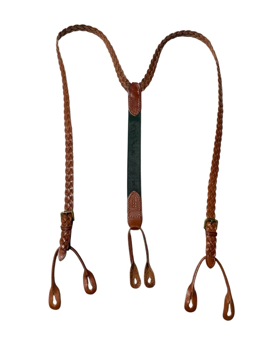 Vintage Polo Ralph Lauren Leather Braided Suspenders With Green Central Strap
